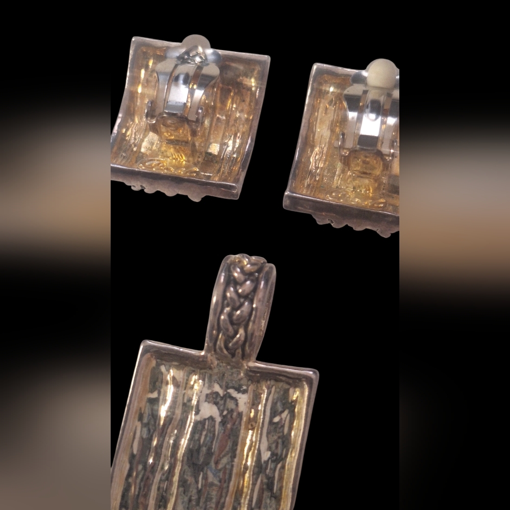 Vintage Foxtail 1" Clip-on Earrings And Pendant 1.75" Set Stamped Best - Picture 4 of 6